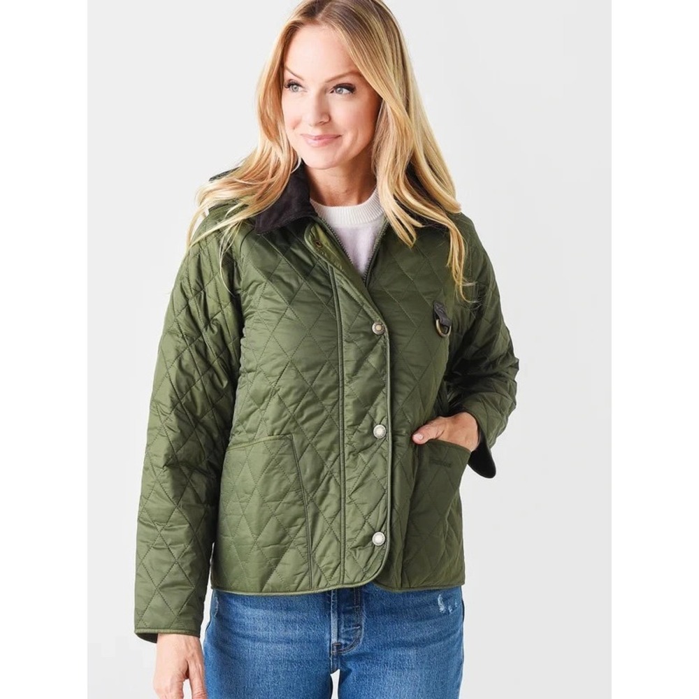 BARBOUR Tobymory Quilted Zip Jacket in Green Women 14 Cord Collar Hooded $280